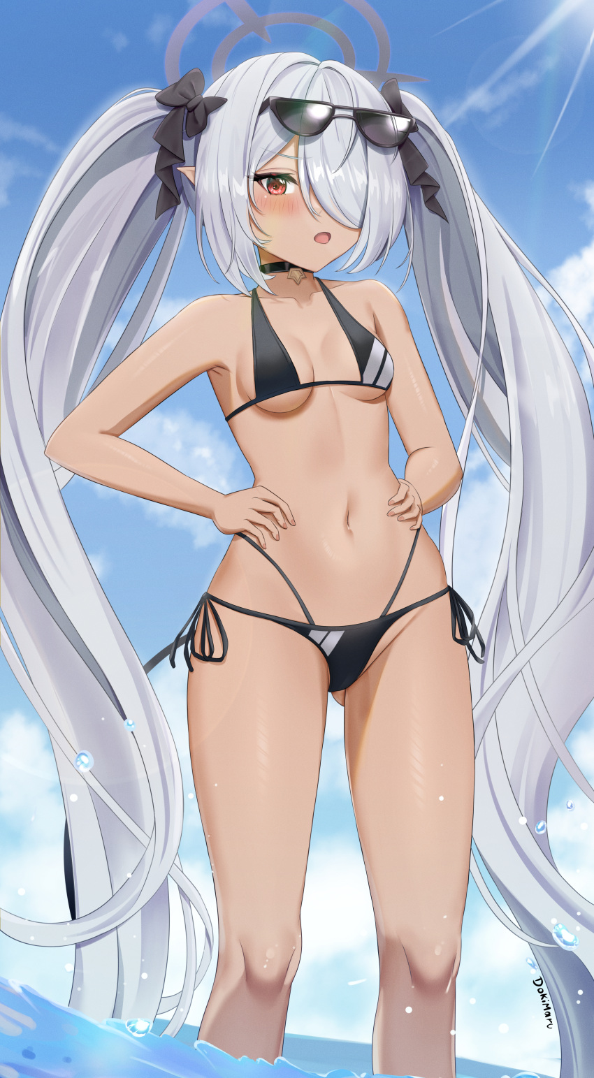 1girl absurdres bare_shoulders bikini black_bikini black_gloves blue_archive blue_sky blush breasts choker collarbone dark-skinned_female dark_skin demon_tail dokimaru eyewear_on_head gloves grey_hair hair_over_one_eye hair_ribbon halo highres iori_(blue_archive) iori_(swimsuit)_(blue_archive) long_hair looking_at_viewer multi-strapped_bikini navel open_mouth pointy_ears red_eyes ribbon sky small_breasts solo sunglasses swimsuit tail thigh_strap thighs twintails very_long_hair wading