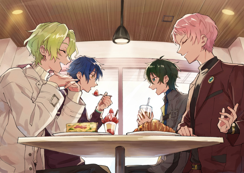 4boys aqua_eyes blue_hair closed_eyes commentary_request croissant dark_blue_hair ensemble_stars! food fork green_hair highres holding holding_fork itsuki_shu kagehira_mika lapels long_sleeves male_focus multiple_boys open_mouth parfait pink_hair plate sazanami_jun short_hair sitting table tomoe_hiyori turtleneck valkyrie_(ensemble_stars!) watch wednesday_108 wristwatch yellow_eyes