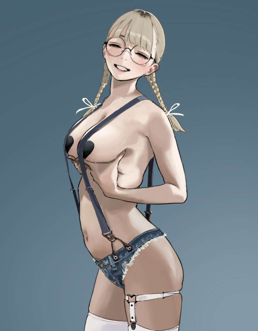1girl absurdres blonde_hair blue_background braid breast_lift breasts closed_mouth cutoffs denim denim_shorts facing_to_the_side facing_viewer from_side hair_ribbon heart_o-ring heart_pasties highres hiramedousa large_breasts long_hair micro_shorts original pasties ribbon round_eyewear shorts simple_background smile solo suspender_shorts suspenders thigh_strap thighhighs topless twin_braids white_ribbon white_thighhighs