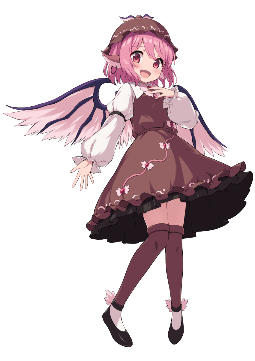 1girl absurdres animal_ears bird_ears bird_wings black_footwear blush brown_dress brown_headwear brown_thighhighs dress earrings frilled_dress frills full_body hat highres hiyaya_(kochi_michikaze) jewelry long_sleeves mystia_lorelei open_mouth pink_hair pink_wings red_eyes shoes short_hair single_earring sleeve_garter smile solo thighhighs touhou transparent_background winged_footwear winged_hat wings