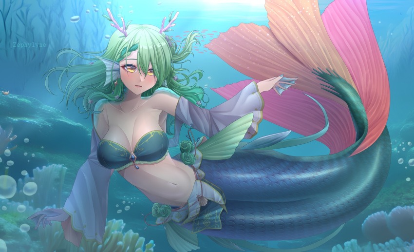 1girl bare_shoulders bikini blush breasts bubble ceres_fauna collarbone coral detached_sleeves english_commentary green_bikini green_hair highres hololive hololive_english horns long_hair looking_at_viewer medium_breasts mermaid mixed-language_commentary mole mole_under_eye monster_girl monsterification navel parted_lips smile solo strapless strapless_bikini swimsuit underwater virtual_youtuber webbed_hands yellow_eyes zephylyne