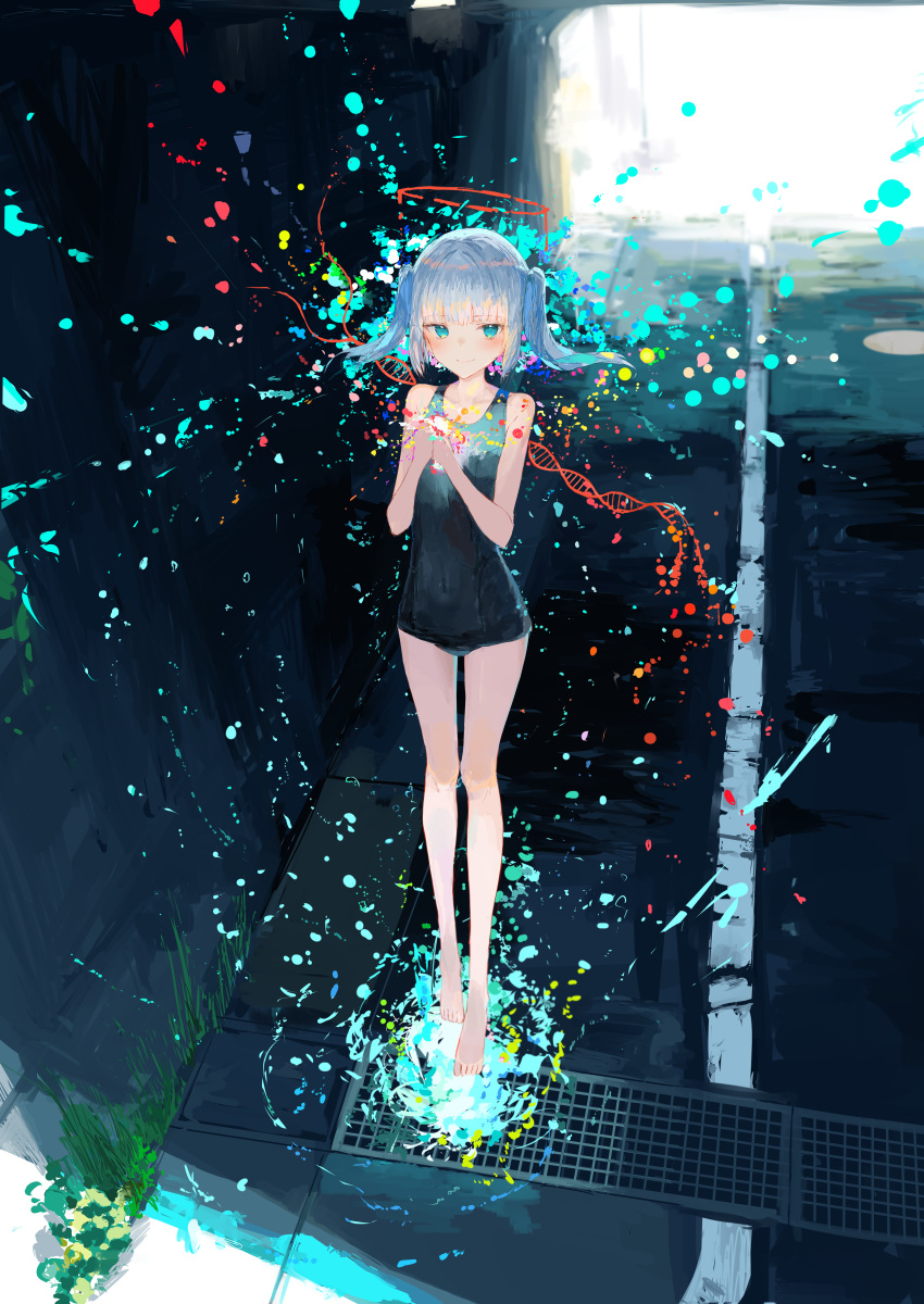 1girl absurdres bare_legs bare_shoulders barefoot black_one-piece_swimsuit blue_hair blush closed_mouth collarbone colorful dna full_body grass grate green_eyes halo highres ichika_(ichika87) long_bangs looking_at_viewer one-piece_swimsuit original own_hands_together paint_splatter red_halo school_swimsuit shadow short_hair short_twintails sidelocks smile solo swimsuit tunnel twintails walking