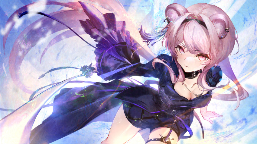 1girl animal_ear_piercing animal_ears arknights black_collar black_dress black_hairband blue_background breasts cleavage collar commentary cowboy_shot dqn_(dqnww) dress dutch_angle hair_intakes hairband highres holding holding_sword holding_weapon jewelry large_breasts lin_(arknights) looking_at_viewer mouse_ears multicolored_background necklace parted_lips pink_eyes sidelocks solo sword tassel thigh_strap weapon