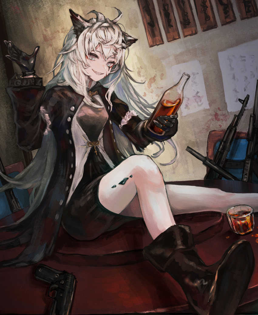 absurdres animal_ears arknights black_dress black_footwear black_gloves black_jacket boots bottle commentary_request dress feet_out_of_frame gloves grey_eyes grey_hair grin gun handgun highres holding holding_bottle jacket kuronouka lappland_(arknights) lappland_(refined_horrormare)_(arknights) long_hair looking_at_viewer open_clothes open_jacket oripathy_lesion_(arknights) sharp_teeth shoe_soles smile teeth very_long_hair weapon weapon_request