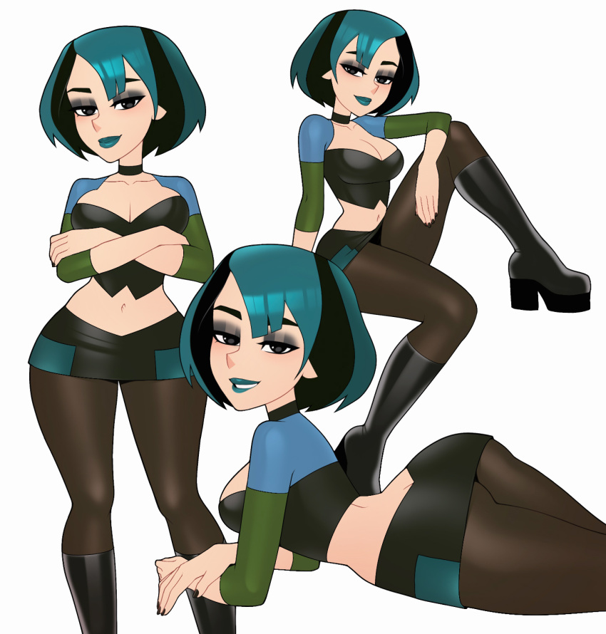 1girl aqua_hair aqua_lips black_choker black_footwear black_pantyhose boots breasts choker cleavage commentary crossed_arms gwen_(total_drama) highres large_breasts loodncrood looking_at_viewer midriff multiple_views navel pantyhose simple_background total_drama white_background