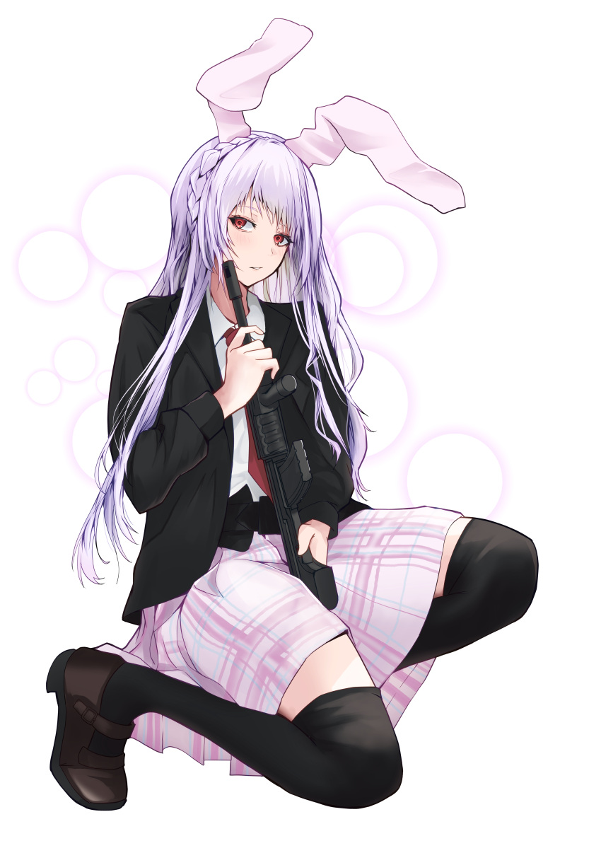 1girl absurdres animal_ears assault_rifle black_jacket black_thighhighs brown_footwear collared_shirt commentary_request gun highres holding holding_gun holding_weapon jacket long_hair looking_at_viewer necktie pink_skirt plaid plaid_skirt purple_hair rabbit_ears red_eyes red_necktie reisen_udongein_inaba rifle shirt skirt thighhighs touhou weapon white_background white_shirt yagoro_kusuriya