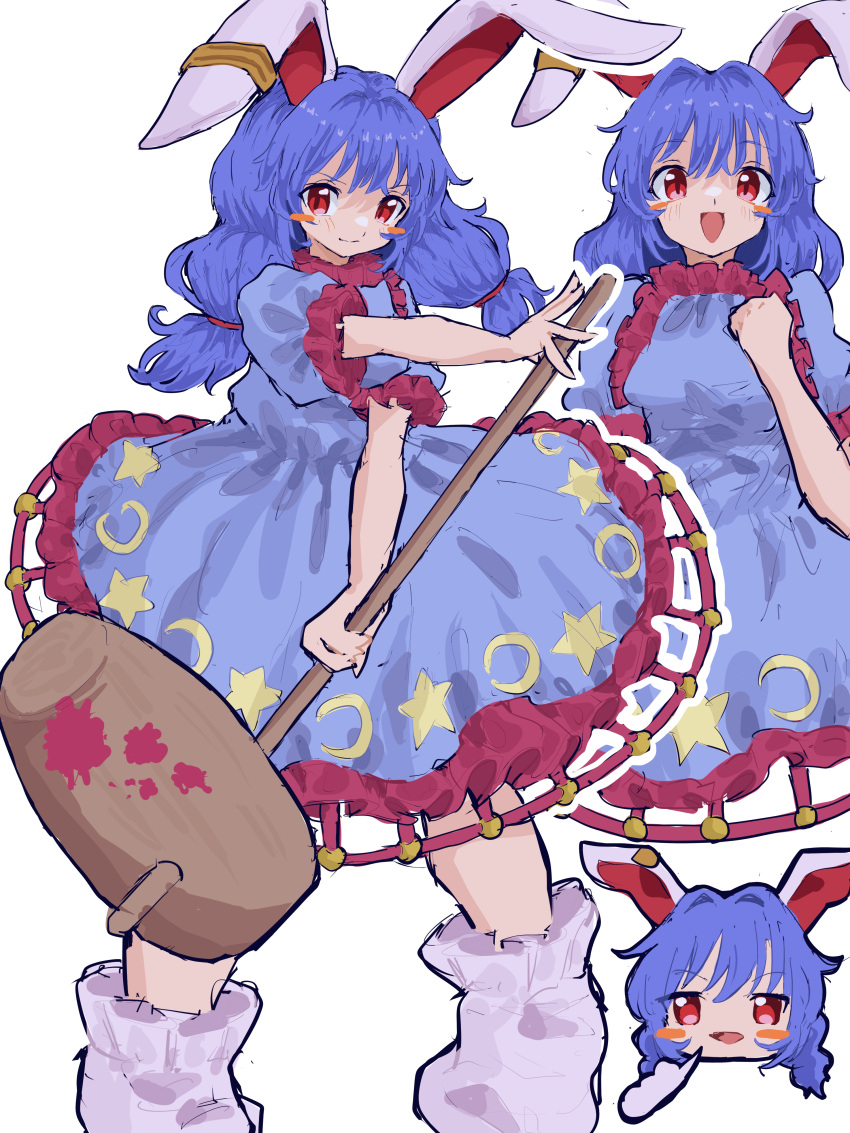 1girl absurdres ambiguous_red_liquid animal_ears blue_dress blue_hair blush bobby_socks breasts clenched_hand crescent crescent_print dress earclip frilled_dress frilled_sleeves frills full_body highres holding holding_mallet kine looking_at_viewer low_twintails mallet medium_hair moon_rabbit mugi_(mugimugi_9kv) multiple_views open_mouth puffy_short_sleeves puffy_sleeves rabbit_ears red_eyes seiran_(touhou) short_sleeves simple_background smile socks solo stain star_(symbol) star_print touhou twintails white_background white_socks