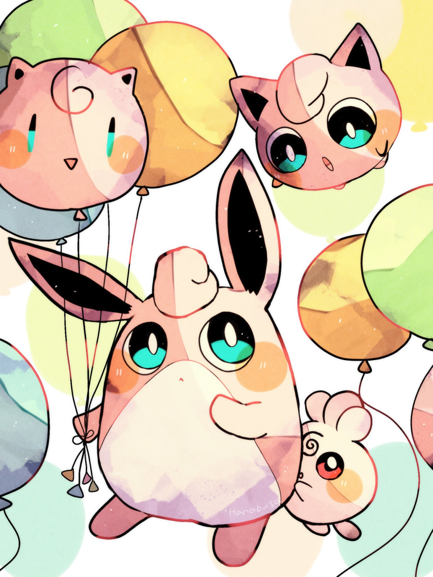 :o animal_focus artist_name balloon blue_eyes colored_skin commentary_request evolutionary_line floating hanabusaoekaki highres igglybuff jigglypuff no_humans pink_skin pokemon pokemon_(creature) red_eyes white_background wigglytuff