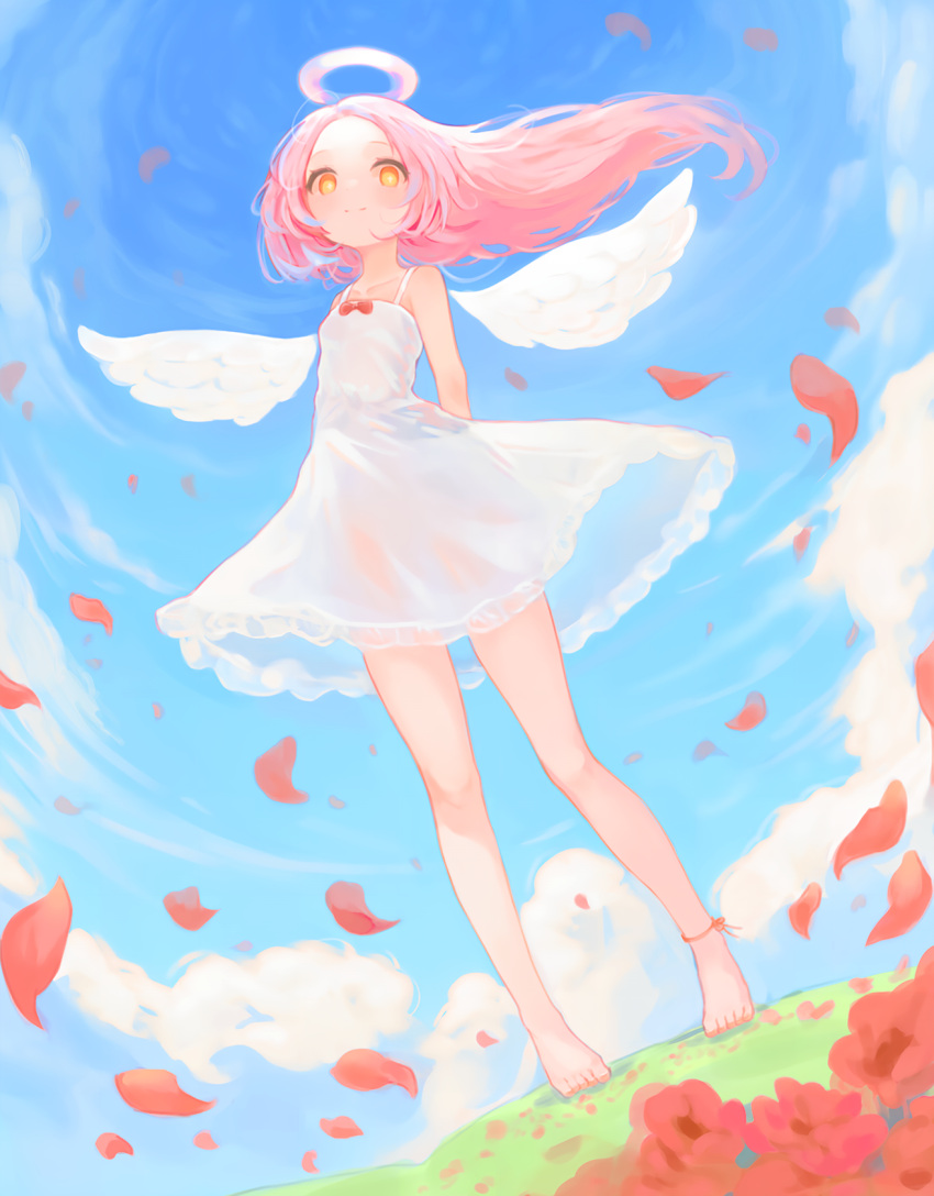 1girl angel angel_wings arms_behind_back bare_shoulders barefoot blue_sky breasts cloud dress floating_hair flower full_body halo highres long_hair looking_at_viewer orange_eyes original outdoors petals pink_hair see-through see-through_dress sky small_breasts smile wangyq white_dress white_wings wind wings