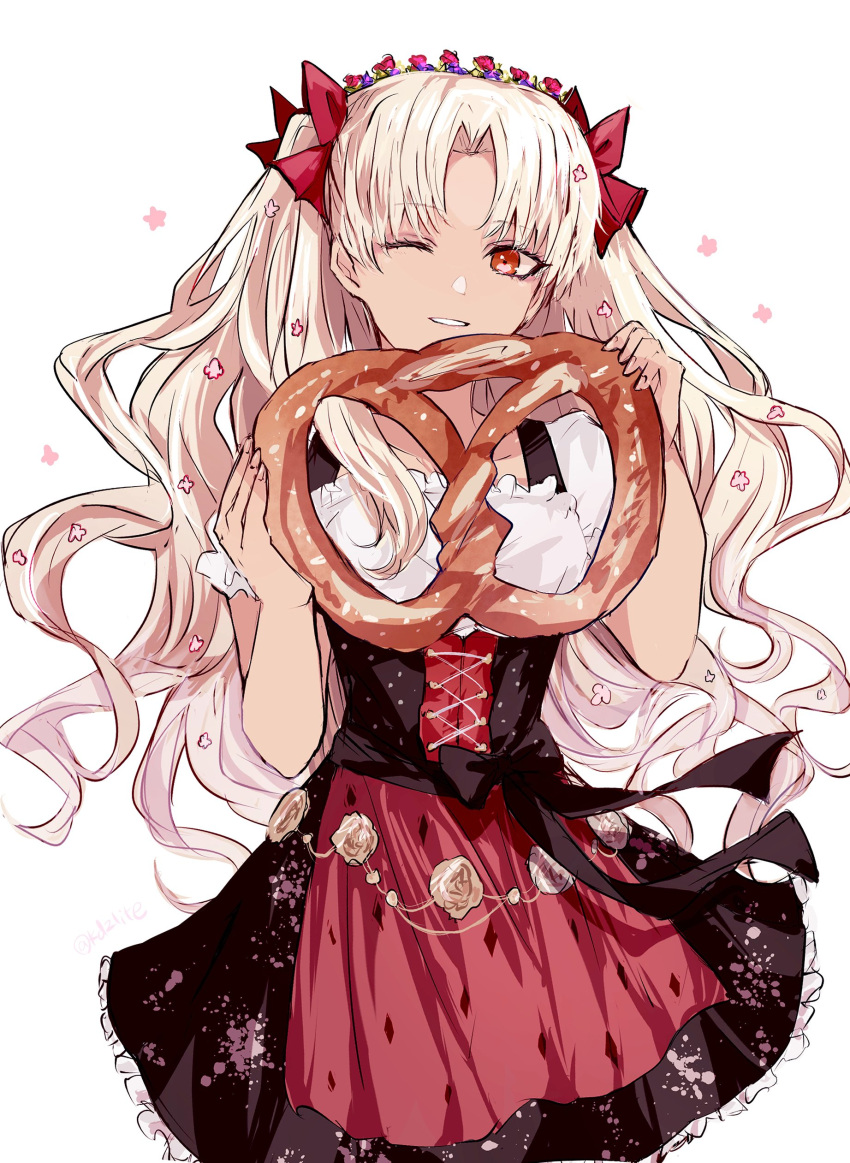 1girl absurdres belly_chain black_bow black_corset black_skirt blonde_hair bow corset cowboy_shot ereshkigal_(fate) ereshkigal_alter_(fate) fate/grand_order fate_(series) flower food hair_bow hair_flower hair_ornament hands_up highres holding holding_food jewelry lace-up looking_at_viewer multiple_hair_bows official_alternate_costume one_eye_closed parted_bangs parted_lips pretzel puffy_short_sleeves puffy_sleeves red_bow red_eyes shirt short_sleeves simple_background skirt smile sodamachi solo tan twitter_username two_side_up waist_bow white_background white_shirt