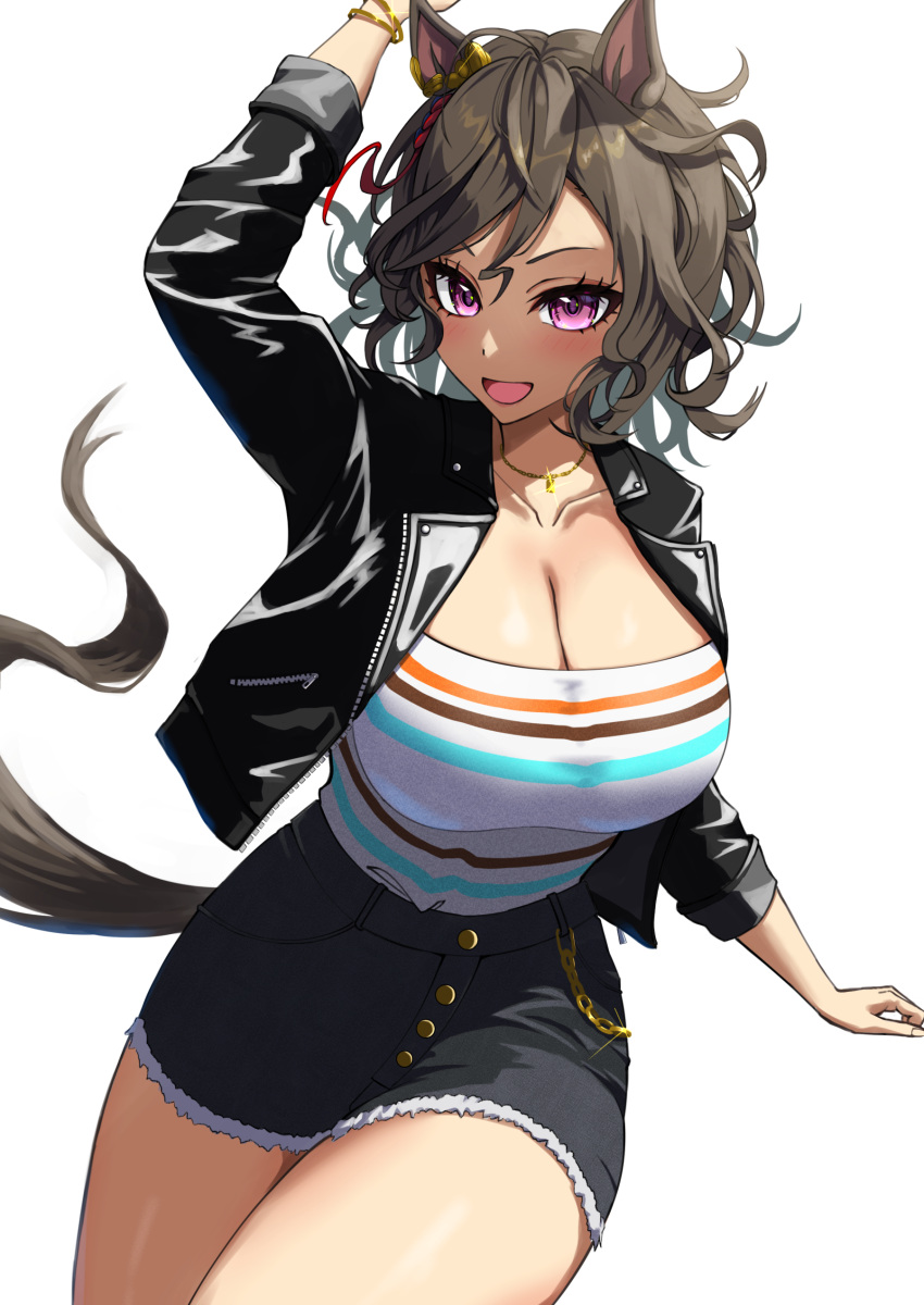 1girl :d absurdres animal_ears arm_up azuki_(azuki_azukki) black_jacket black_shorts breasts cleavage commentary_request cowboy_shot cutoffs grey_hair highres horse_ears jacket large_breasts long_sleeves looking_at_viewer open_mouth purple_eyes shirt short_hair short_shorts shorts simple_background smile solo standing striped striped_shirt tap_dance_city_(umamusume) thighs umamusume white_background