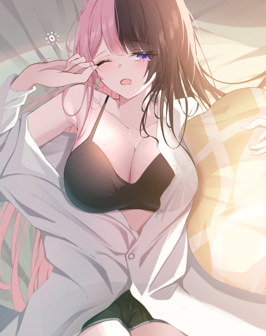 1girl absurdres bed black_bra black_shorts blue_eyes bra breasts brown_hair commentary_request dress_shirt haru_(haru83380282) highres large_breasts long_hair long_sleeves looking_at_viewer lying multicolored_hair on_back one_eye_closed open_clothes open_mouth open_shirt pillow pink_hair rubbing_eyes shirt short_shorts shorts sleepy solo split-color_hair tachibana_hinano_(vtuber) two-tone_hair underwear very_long_hair virtual_youtuber vspo! waking_up white_shirt