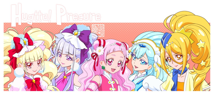 5girls :d aisaki_emiru artist_logo blonde_hair blue_eyes blue_hair cone_hair_bun copyright_name cure_amour cure_ange cure_etoile cure_macherie cure_yell drill_hair earrings eyelashes hair_bun hair_ornament hair_ribbon happy hugtto!_precure jewelry kagayaki_homare kamikita_futago long_hair looking_at_viewer magical_girl multiple_girls nono_hana open_mouth pink_eyes pink_hair pom_pom_(clothes) pom_pom_earrings ponytail precure purple_eyes purple_hair red_eyes ribbon ruru_amour smile star_(symbol) star_earrings twin_drills wavy_hair yakushiji_saaya yellow_eyes