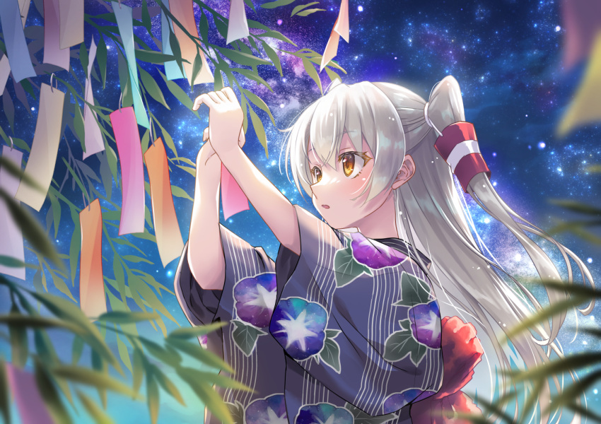 1girl amatsukaze_(kancolle) black_kimono floral_print grey_hair hair_tubes japanese_clothes kantai_collection kimono long_hair minakami_nagara print_kimono sky solo star_(sky) starry_sky tanabata two_side_up upper_body wide_sleeves yellow_eyes