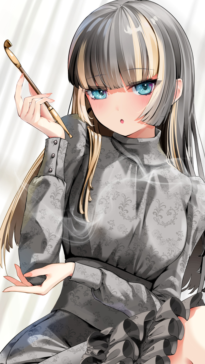 1girl black_dress black_hair blunt_bangs commentary_request dress frilled_dress frills grey_hair highres holding holding_smoking_pipe hololive hololive_dev_is juufuutei_raden long_hair looking_at_viewer multicolored_hair open_mouth sidelocks smoking_pipe solo streaked_hair takahira_(takahirac562) virtual_youtuber