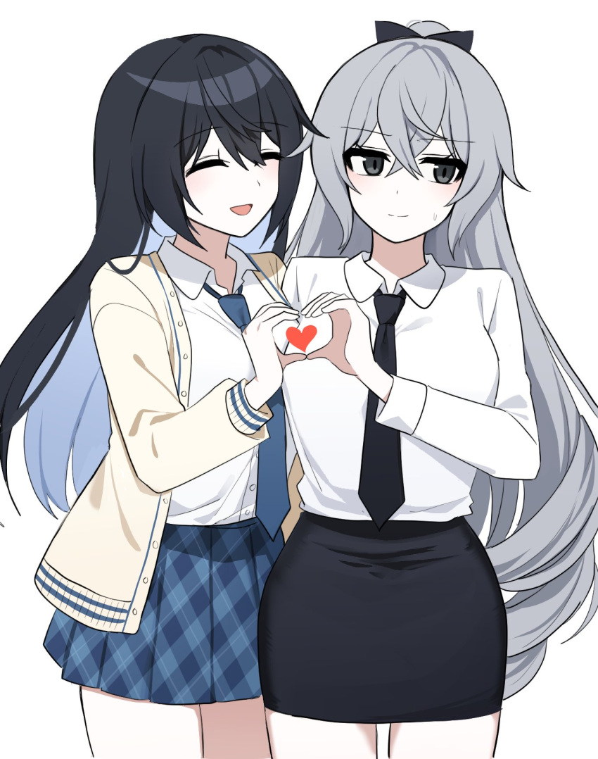 2girls alternate_costume black_hair black_headwear black_necktie black_skirt blue_necktie blue_skirt bronya_zaychik closed_eyes closed_mouth colored_inner_hair crossed_bangs drill_hair grey_hair hair_between_eyes heart heart_hands heart_hands_duo highres honkai_(series) honkai_impact_3rd light_smile lix_(iroiro3843) long_sleeves multicolored_hair multiple_girls necktie open_mouth ponytail seele_vollerei seele_vollerei_(herrscher_of_rebirth) simple_background skirt standing sweatdrop upper_body white_background white_sleeves yuri