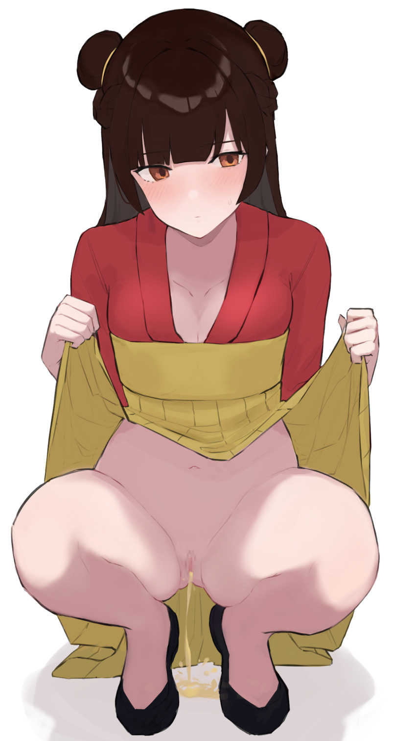 1girl absurdres black_hair black_survival blunt_bangs blush breasts brown_eyes censored clothes_lift double_bun hair_bun hiepita97 highres li_dailin lifted_by_self long_hair mosaic_censoring navel peeing pussy skirt skirt_lift solo squatting sweatdrop