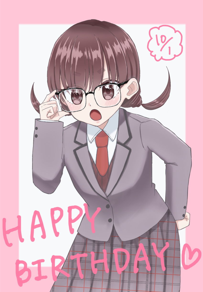 1girl :o braid brown_eyes brown_hair dated glasses grey_suit happy_birthday highres hinatanohinata iin_chiyo kimi_no_koto_ga_dai_dai_dai_dai_daisuki_na_100-nin_no_kanojo necktie pink_background plaid plaid_skirt red_necktie skirt solo suit twin_braids white_background