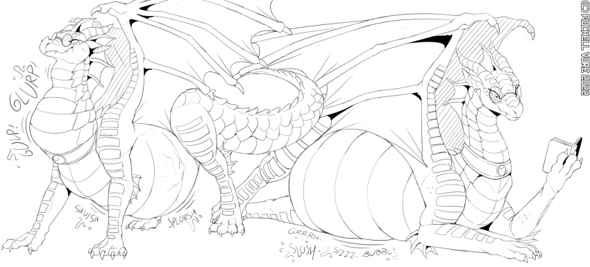 2022 5_toes abdominal_bulge after_vore ambiguous_gender ambiguous_pred artist_name before_and_after belly big_belly big_wings black_and_white bodily_noises book bubbling claws different_sound_effects digestion digestion_noises digital_drawing_(artwork) digital_media_(artwork) dorsal_frill dragon english_text eyes_closed eyewear fatal_vore feet feral feral_pred fidchellvore frill_(anatomy) front_view full-length_portrait fully_inside glasses glorp gulp_(sound_effect) hi_res holding_book holding_object horn jewelry larger_pred leg_frill line_art long_neck lying membrane_(anatomy) membranous_wings monochrome neck_bulge necklace on_front onomatopoeia oral_vore portrait pupils quadruped reading reading_book rumbling_stomach scales scalie side_view simple_background sizzling sloshing_belly smile snaggle_tooth snout soft_vore solo sound_effect_variant sound_effects splort squish_(sound_effect) standing swallowing tail tail_ridge text three-quarter_view toe_claws toes vore vowelless vowelless_sound_effect western_dragon white_background white_body white_scales wings