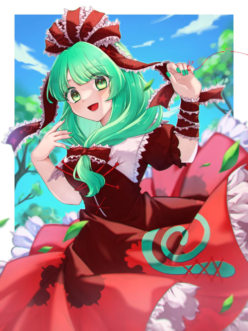 1girl bow brown_dress dress frilled_dress frilled_ribbon frills green_eyes green_hair highres kagiyama_hina komori_(komo_ricecake) long_hair open_mouth ponytail red_bow red_ribbon ribbon short_sleeves touhou