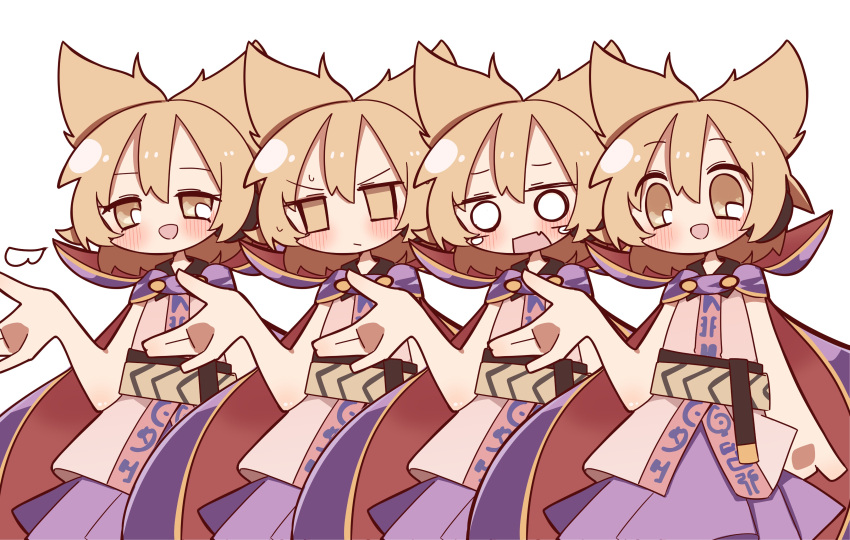 1girl absurdres annoyed blonde_hair cape chibi clone highres jacket purple_cape purple_skirt short_hair short_sleeves skirt smile solo surprised takeyasu510 touhou toyosatomimi_no_miko white_background white_jacket yellow_eyes