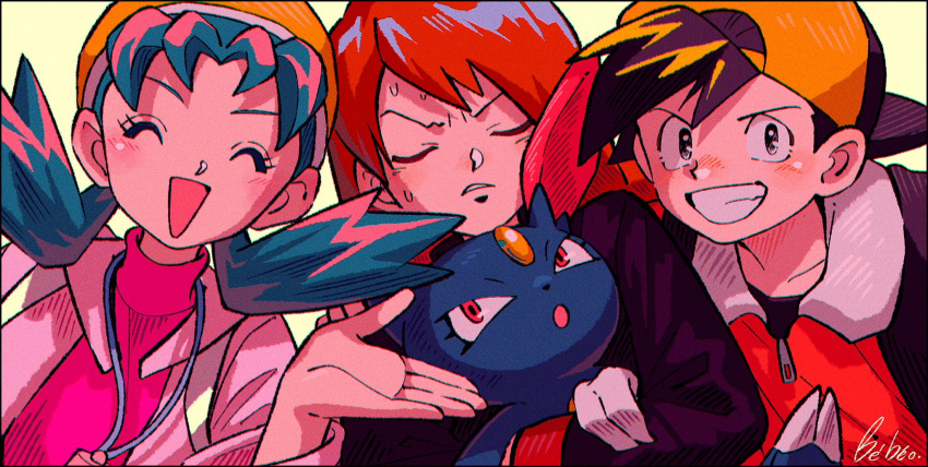 1girl 2boys :o backwards_hat blue_hair blush brown_hair claws closed_eyes commentary_request ethan_(pokemon) eyelashes grey_eyes hand_up hat highres holding holding_pokemon jacket kris_(pokemon) kwsby_124 multiple_boys open_mouth pokemon pokemon_(creature) pokemon_gsc ponytail red_hair signature silver_(pokemon) sneasel sweatdrop sweater teeth turtleneck turtleneck_sweater