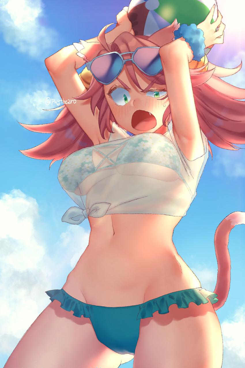 1girl animal_ears arms_up ball beachball bell bikini bikini_under_clothes blue_sky blush breasts cat_ears cat_girl cat_tail cloud commentary_request cowboy_shot cross-laced_bikini cross-laced_clothes eyewear_on_head fang floral_print floral_print_bikini frilled_bikini frills hair_bell hair_ornament highres holding holding_ball holding_beachball mad_mew_mew medium_hair navel open_mouth outdoors pink_hair pugthe2ro scrunchie see-through see-through_shirt shirt sky solo sunglasses swimsuit tail tied_shirt twitter_username undertale wrist_scrunchie