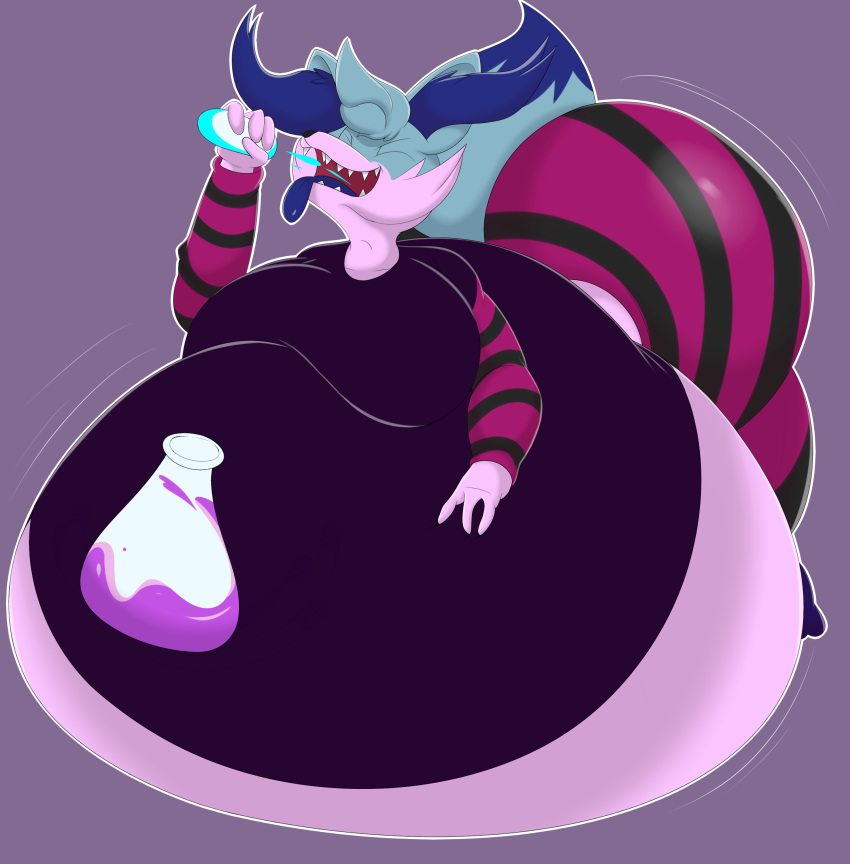 2023 absurd_res anthro arm_warmers armwear belly belly_expansion belly_inflation big_belly big_breasts big_butt black_arm_warmers black_clothing black_leggings black_legwear bloocherrypie blue_ears blue_hair blue_inner_ear_fluff blue_tail blue_tongue braixen breasts butt butt_expansion clothing colored digital_media_(artwork) drinking drinking_potion expansion eyes_closed faye_(reathe) female generation_6_pokemon hair hi_res holding_object holding_potion huge_butt hyper hyper_belly inflation inflation_fetish inner_ear_fluff insane leggings legwear magic_inflation nintendo pattern_arm_warmers pattern_armwear pattern_clothing pattern_leggings pattern_legwear pink_belly pink_body pokemon pokemon_(species) potion purple_arm_warmers purple_background purple_clothing purple_leggings purple_legwear purple_shirt purple_topwear shaded sharp_teeth shirt simple_background solo swelling tail teeth tight_clothing tongue topwear tuft