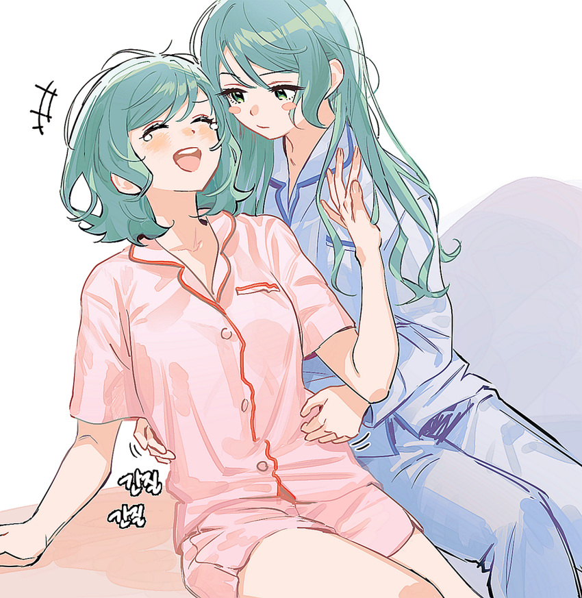 2girls aqua_hair bang_dream! blue_pajamas blue_pants blue_shirt blush breasts closed_eyes collarbone commentary dress_shirt green_eyes hair_between_eyes highres hikawa_hina hikawa_sayo incest laughing long_hair looking_at_another medium_breasts medium_hair multiple_girls open_mouth pajamas pants pink_pajamas pink_shirt pink_shorts shirt shorts siblings sidelocks simple_background tearing_up teeth tickling twincest twins upper_teeth_only white_background yuri zihacheol