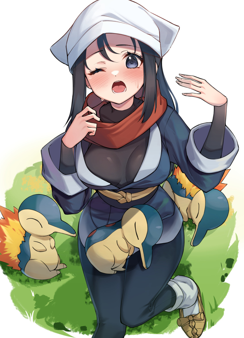 1girl ;o absurdres akari_(pokemon) black_shirt blue_kimono blush breasts cyndaquil fire grass hand_fan head_scarf highres hot japanese_clothes kimono leggings looking_at_viewer medium_breasts one_eye_closed pokemon pokemon_(creature) red_scarf scarf shirt sweatdrop ziro_(zirorong)