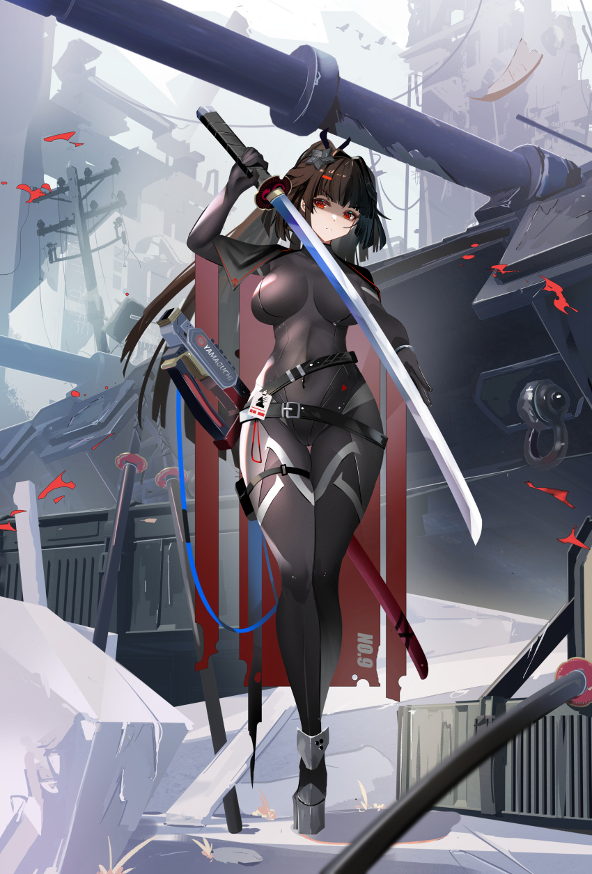 1girl absurdres bodysuit breasts cape commission hair_ornament highres holding holding_sword holding_weapon long_hair military military_vehicle mole mole_under_eye motor_vehicle multiple_straps pixiv_commission power_lines rubble sabou_san-shitsu_kokoro sword tank tatakau_ataisuru variant_set weapon yamaguchi_ryouko