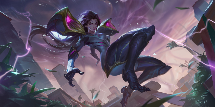 1girl armor bodysuit breasts building city cleavage closed_mouth cloud collarbone dark_clouds detached_wings facial_mark fighting fighting_stance floating_hair forehead_mark forehead_tattoo grass highres house jumping kai'sa kudos3d leaf league_of_legends legends_of_runeterra light lightning long_hair looking_at_viewer magic medium_breasts official_art outdoors outstretched_arms plunging_neckline purple_bodysuit purple_eyes purple_hair purple_lightning purple_lips serious shoulder_armor skin_tight sky solo tattoo thighs tornado tree wind wings