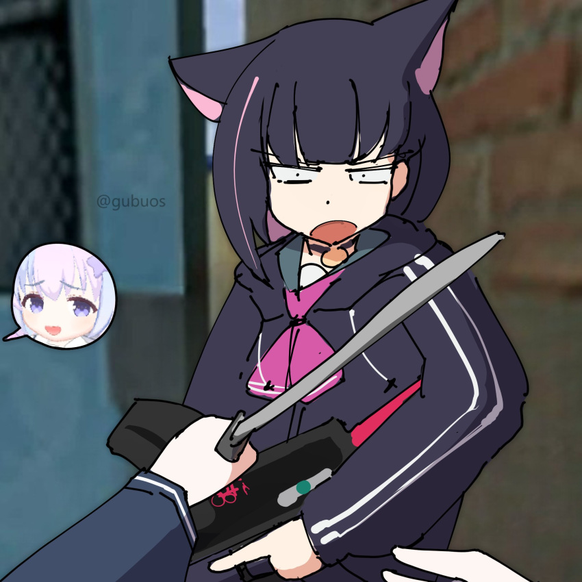 2girls animal_ears black_hair blue_archive blunt_bangs cat_ears choker colored_inner_hair counter-strike_(series) door_stuck_(meme) gubuos highres kazusa_(blue_archive) knife meme multicolored_hair multiple_girls photo_inset pink_hair pov reisa_(blue_archive) school_uniform short_hair streaked_hair twitter_username