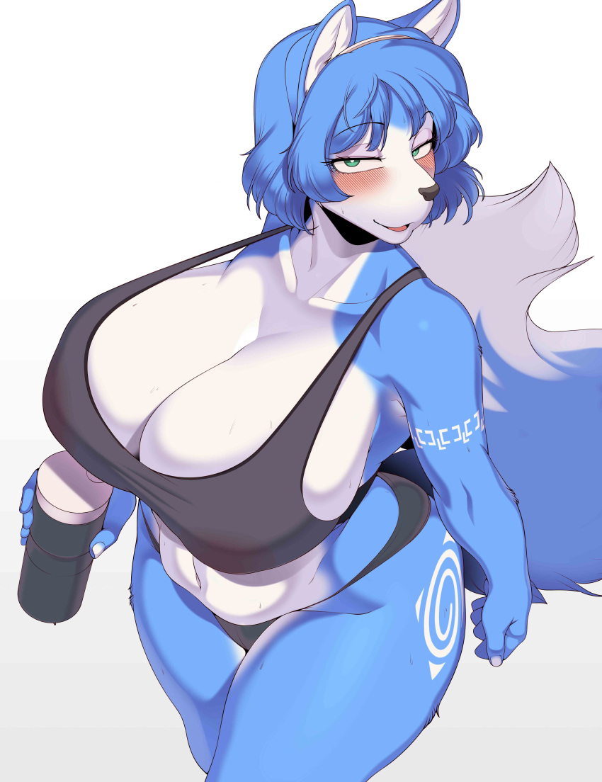 2022 absurd_res anthro athletic_wear big_breasts blue_body blue_fur blush bodily_fluids bra breasts canid canine cervina7_(artist) cleavage clothed clothing countershading curvaceous curvy_figure digital_drawing_(artwork) digital_media_(artwork) female fox fur green_eyes hair hi_res high-angle_view holding_object huge_breasts krystal looking_at_viewer mammal multicolored_body multicolored_fur navel nintendo portrait simple_background slightly_chubby solo sports_bra standing star_fox strap_gap sweat sweaty_breasts thick_thighs three-quarter_portrait underwear voluptuous white_background white_body white_fur wide_hips