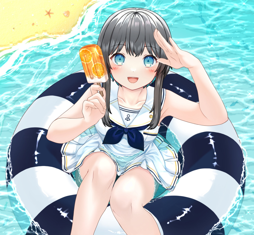 1girl :d absurdres anchor_symbol arm_up bare_arms bare_shoulders beach black_hair blue_eyes blue_hair blue_neckerchief blush collarbone commentary_request dress feet_out_of_frame food from_above highres holding holding_food innertube knees_up kurata_rine looking_at_viewer looking_up multicolored_hair neckerchief original pleated_dress popsicle sailor_collar sand seashell shell sidelocks sleeveless sleeveless_dress smile solo starfish two-tone_hair water white_dress white_sailor_collar