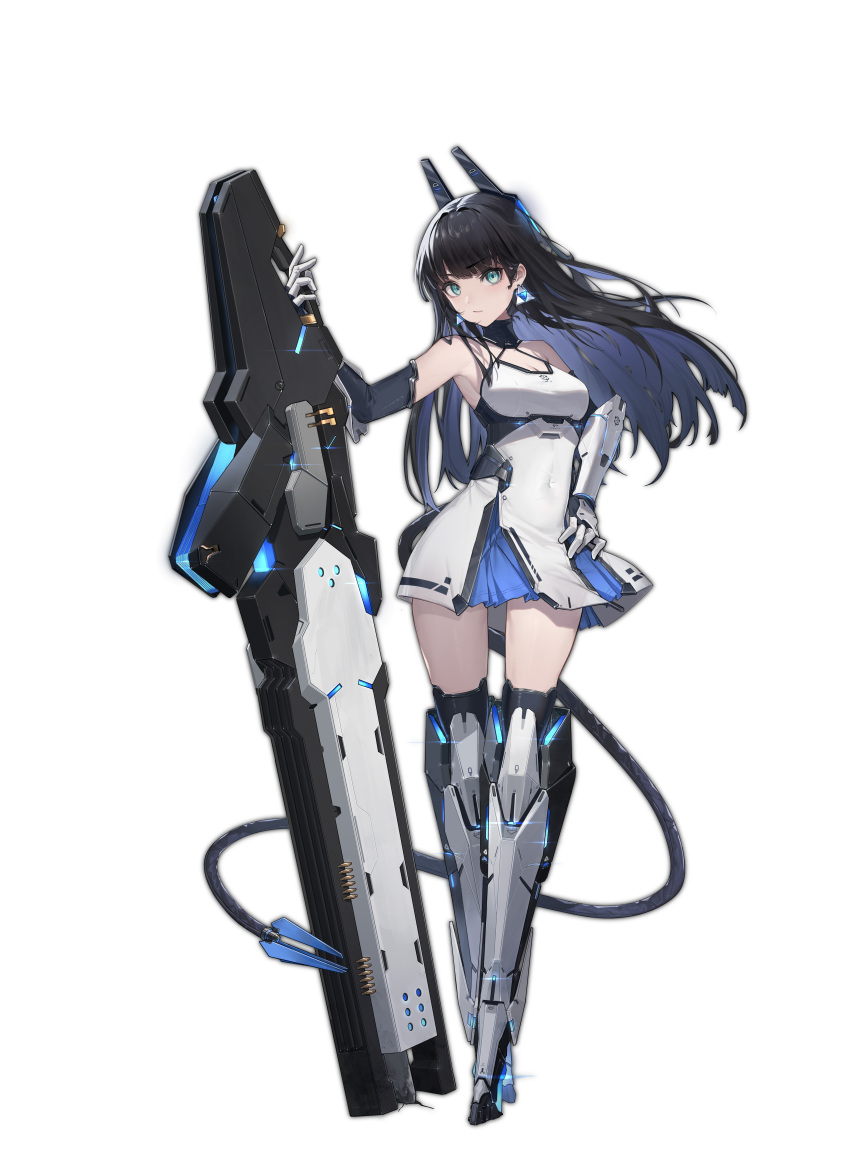 1girl :/ absurdres aqua_eyes bare_shoulders black_gloves black_hair blunt_bangs breasts cleavage covered_navel crossed_legs crystal_earrings cyborg dress e.d.e.n earrings elbow_gloves full_body gloves gun hand_on_own_hip head_tilt headgear highres holding holding_weapon huge_weapon jewelry long_hair looking_at_viewer mechanical_arms mechanical_legs mechanical_tail medium_breasts official_art short_dress single_elbow_glove single_mechanical_arm sleeveless sleeveless_dress solo tachi-e tail v-shaped_eyebrows watson_cross weapon white_background white_dress yuan_long