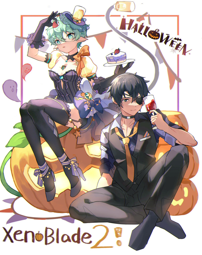 1boy 1girl arm_up black_choker black_gloves black_hair black_pants black_socks black_thighhighs black_vest blue_eyes blue_shirt breasts choker closed_mouth collared_shirt commentary_request cup dress_shirt drinking_glass elbow_gloves eyepatch food fruit garter_straps glasses gloves green_hair grey_eyes hair_between_eyes halloween high_heels highres holding holding_cup holding_food light_bulb looking_at_viewer necktie no_shoes pandoria_(xenoblade) pants parted_lips pennant pointy_ears puffy_short_sleeves puffy_sleeves purple_footwear round_eyewear shirt shoes short_sleeves simple_background small_breasts socks stephanieh81080 strawberry string_of_flags thighhighs vest white_background wine_glass xenoblade_chronicles_(series) xenoblade_chronicles_2 yellow_necktie zeke_von_genbu_(xenoblade)