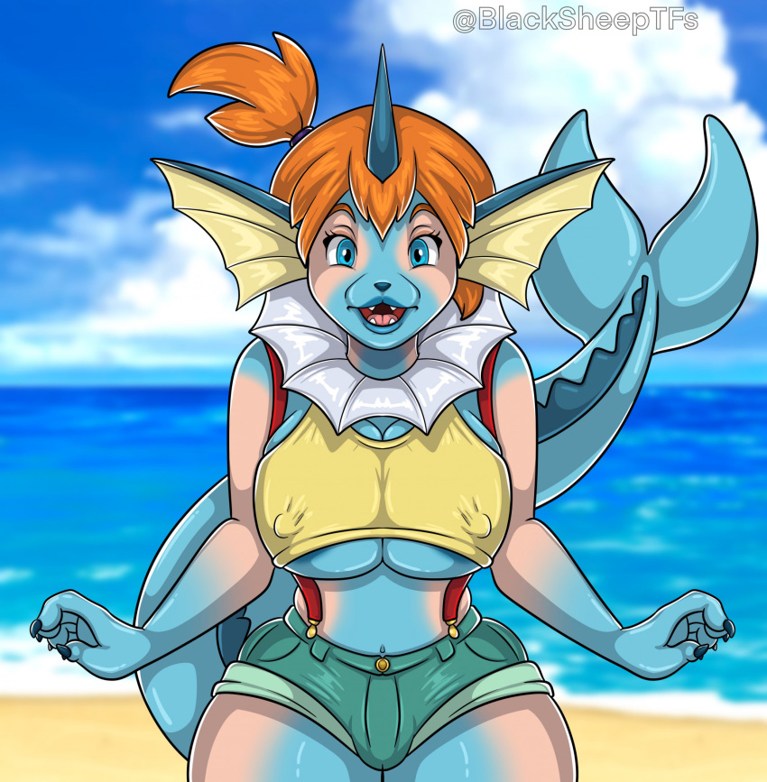 anthro beach big_breasts blacksheeptfs blue_body bottomwear breast_expansion breasts clothing cloud crop_top day eeveelution expansion female fin generation_1_pokemon gym_leader hair head_fin hi_res hotpants human_to_anthro mid_transformation misty_(pokemon) nintendo nipple_outline orange_hair outside pokemon pokemon_(species) sand seaside shirt shorts sky solo species_transformation standing suspenders tail tail_fin topwear transformation vaporeon