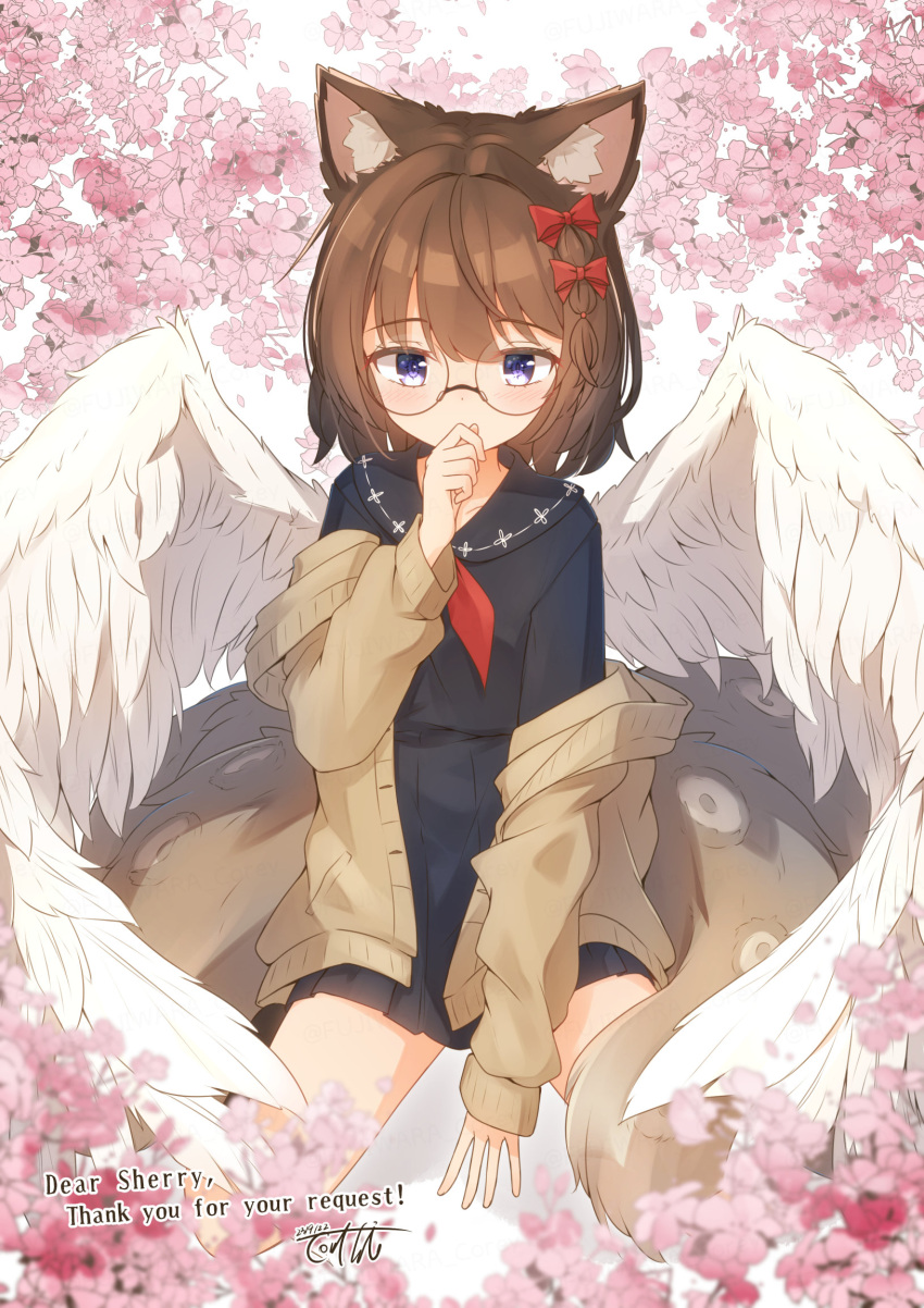 1girl animal_ear_fluff animal_ears black_sailor_collar black_serafuku black_shirt black_skirt bow braid brown_cardigan brown_hair cardigan commentary_request coreytaiyo covered_mouth dated feathered_wings flower glasses hair_between_eyes hair_bow hand_to_own_mouth highres long_sleeves multiple_tails neckerchief off_shoulder open_cardigan open_clothes original pink_flower pleated_skirt puffy_long_sleeves puffy_sleeves purple_eyes red_bow red_neckerchief sailor_collar school_uniform serafuku shirt signature skirt solo tail thank_you white_wings wings