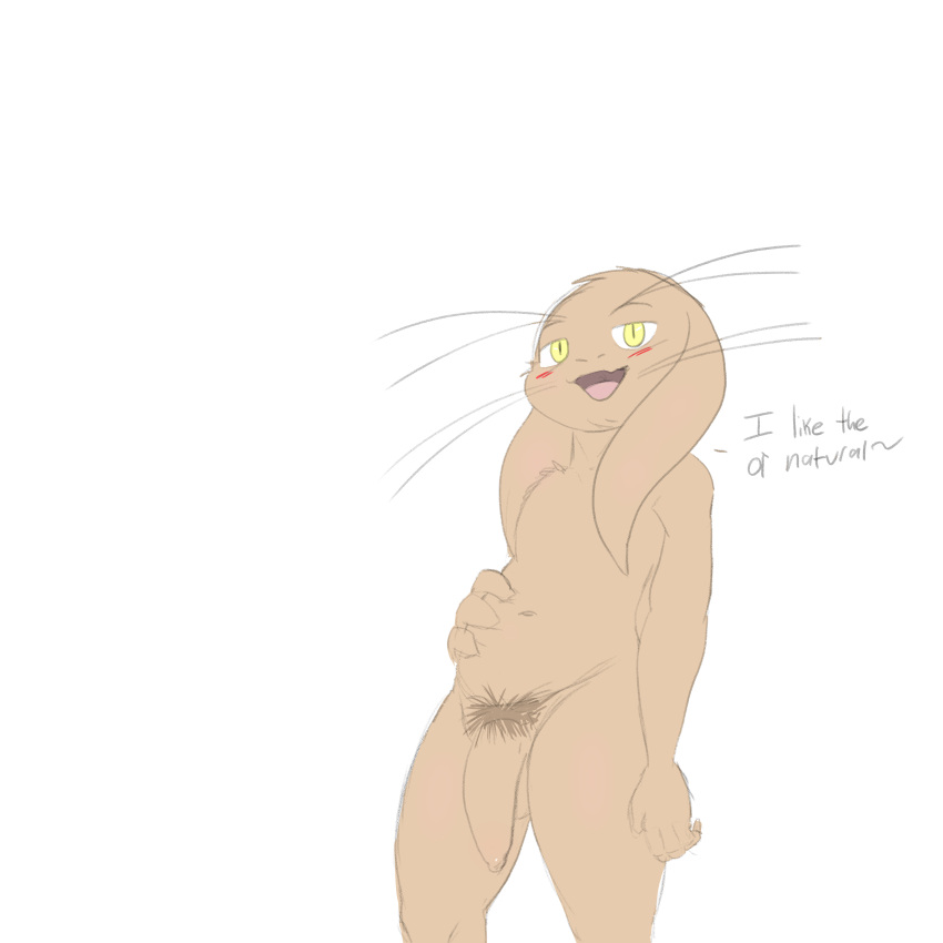 absurd_res anthro balls blu blush dialogue flaccid foreskin genitals hand_on_stomach hi_res lagomorph leporid looking_at_viewer male mammal nervous nervous_smile nude open_mouth penis pubes rabbit slightly_chubby solo twerpishimp