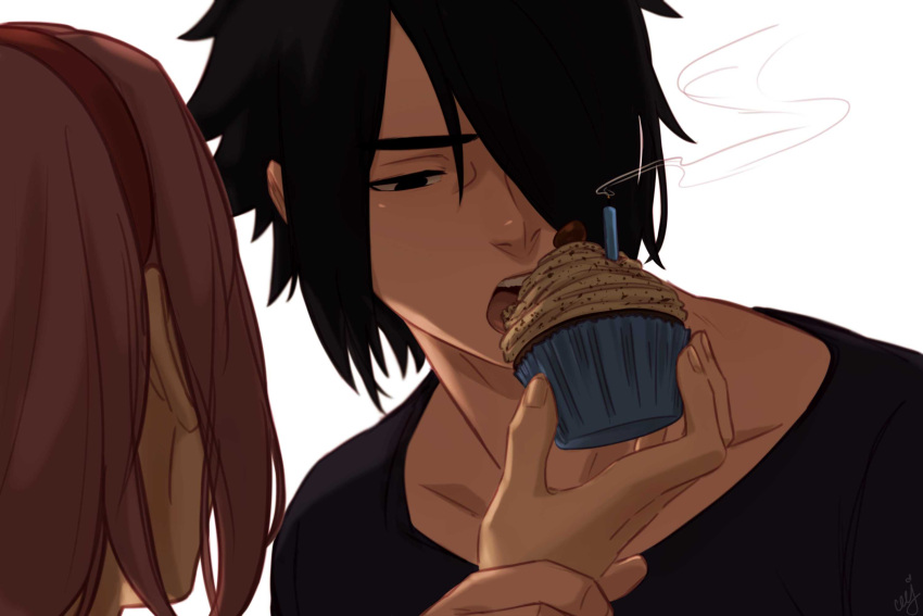 1boy 1girl black_eyes black_hair candle ceejles cherry collarbone commentary cupcake eating english_commentary feeding food fruit hair_over_one_eye hairband haruno_sakura highres husband_and_wife naruto:_the_last naruto_(series) open_mouth pink_hair red_hairband smoke uchiha_sasuke