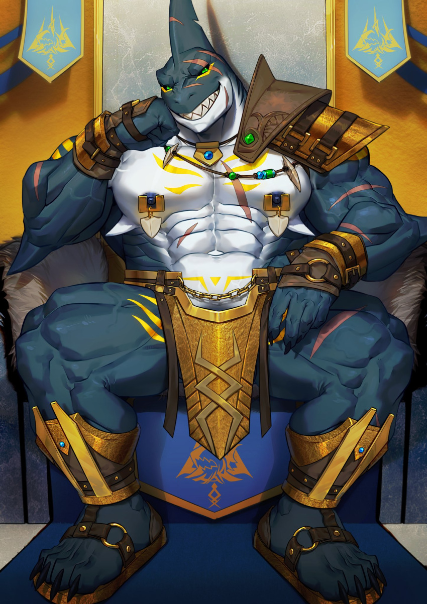 2022 abs anthro arm_scar armor banner biceps black_sclera blue_body blue_carpet blue_nipples blue_scales breechcloth chair chest_markings chest_scar claws clothing dylan_(alvintanubis) facial_scar finger_claws fish footwear furniture gold_(metal) gold_armor green_eyes hi_res jewelry leg_markings leg_scar li_geduld male marine markings muscular muscular_anthro muscular_male muscular_thighs navel necklace nipple_piercing nipples obliques pecs piercing sandals scales scar shark shin_guards shoulder_guards solo thigh_markings thigh_scar throne throne_room toe_claws white_body white_scales wrist_guards yellow_markings yellow_wall