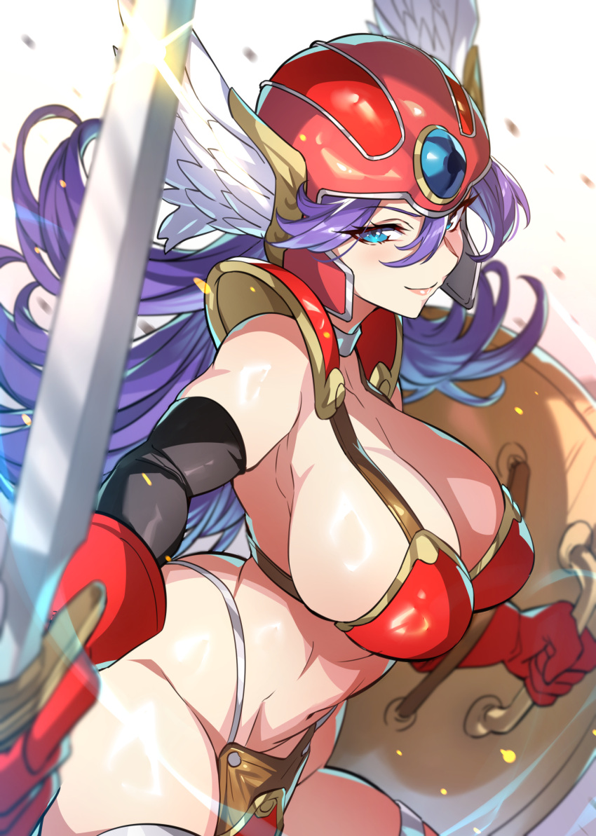 1girl armor bikini_armor blue_eyes breasts cleavage closed_mouth commentary dragon_quest dragon_quest_iii gloves groin hair_between_eyes helmet highres holding holding_shield holding_sword holding_weapon large_breasts long_hair looking_at_viewer navel purple_hair red_armor red_gloves red_headwear senri_gan shield simple_background smile soldier_(dq3) solo sword weapon white_background winged_helmet