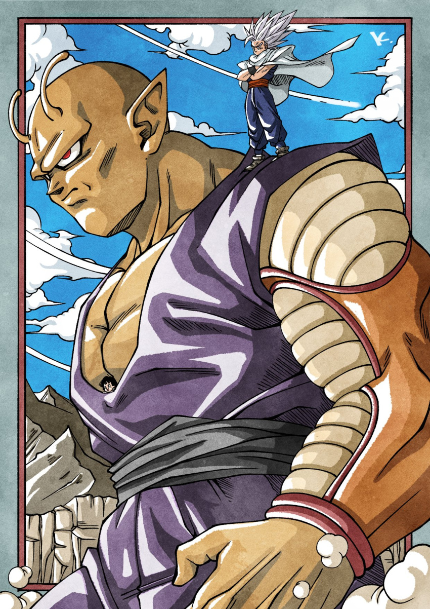 2boys alien antennae blue_jumpsuit blue_sky cape cloud crossed_arms dragon_ball dragon_ball_super dragon_ball_super_super_hero giant giant_male gohan_beast highres jumpsuit kakeru_(dbskakeru) multiple_boys orange_piccolo outdoors piccolo pointy_ears purple_jumpsuit red_eyes sky son_gohan spiked_hair standing_on_shoulder toriyama_akira_(style) white_cape white_hair