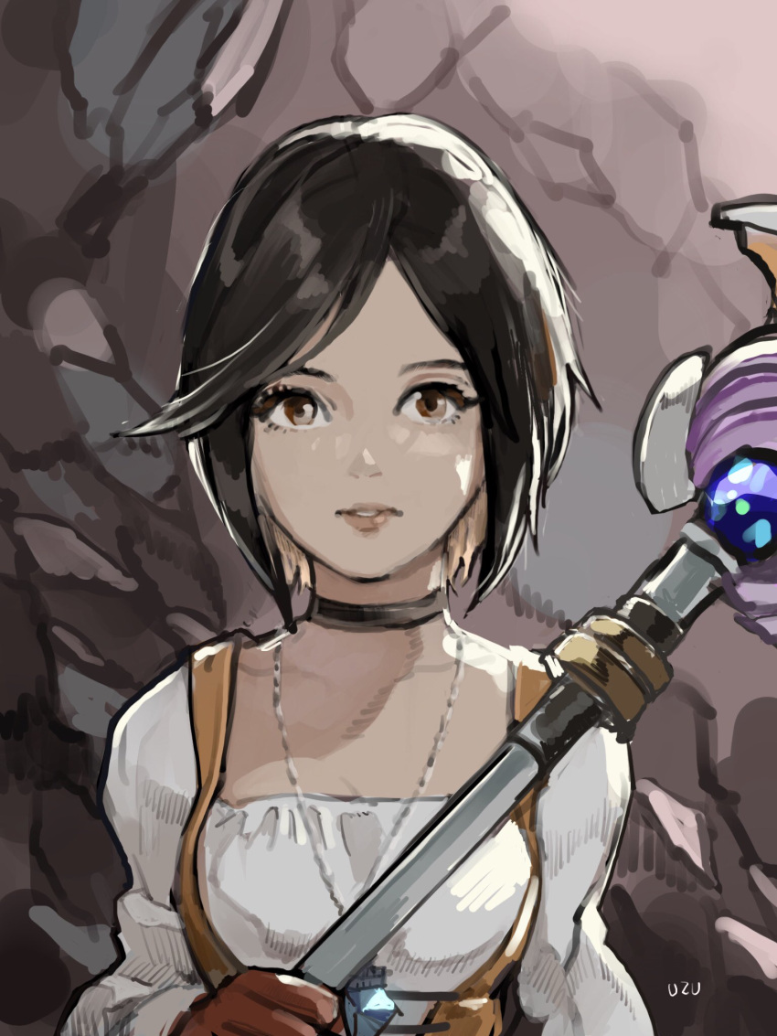 1girl black_hair breasts brown_eyes choker final_fantasy final_fantasy_ix garnet_til_alexandros_xvii gloves highres jewelry lips looking_at_viewer necklace short_hair solo staff uzutanco weapon