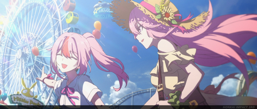 2girls ^_^ alternate_costume bag balloon bare_shoulders bracelet breasts brown_bag chinese_commentary closed_eyes english_text family ferris_wheel hat high_ponytail highres holding_hands homu_(honkai_impact) honkai_(series) honkai_impact_3rd jewelry large_breasts long_hair looking_at_another multicolored_hair multiple_girls official_art official_wallpaper outdoors parted_lips pink_hair pointing rin_(honkai_impcat) shirt shoulder_bag siblings sisters sky small_breasts smile streaked_hair upper_body very_long_hair white_shirt yae_sakura