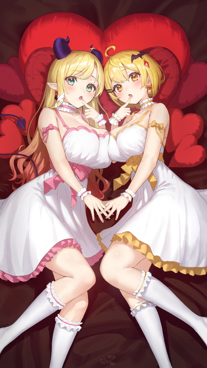 2girls :o absurdres ahoge alternate_costume aqua_eyes armpit_crease bare_shoulders bat_hair_ornament bed_sheet black_horns blonde_hair blush bow bow_earrings breast_press breasts choker cleavage collarbone commentary demon_horns demon_tail dress earrings feet_out_of_frame fingernails frilled_choker frilled_dress frilled_socks frilled_wristband frills gradient_hair hair_between_eyes hair_ornament hairclip heart heart_pillow heart_tail highres hololive horns jewelry large_breasts long_hair looking_at_viewer lying multicolored_hair multiple_girls nail_polish nanaushi on_side open_mouth orange_bow orange_eyes parted_bangs pillow pink_bow pink_nails pink_trim pointy_ears red_bow red_hair short_hair signature socks swept_bangs tail virtual_youtuber waist_bow white_choker white_dress white_socks yellow_bow yellow_nails yellow_trim yozora_mel yuzuki_choco