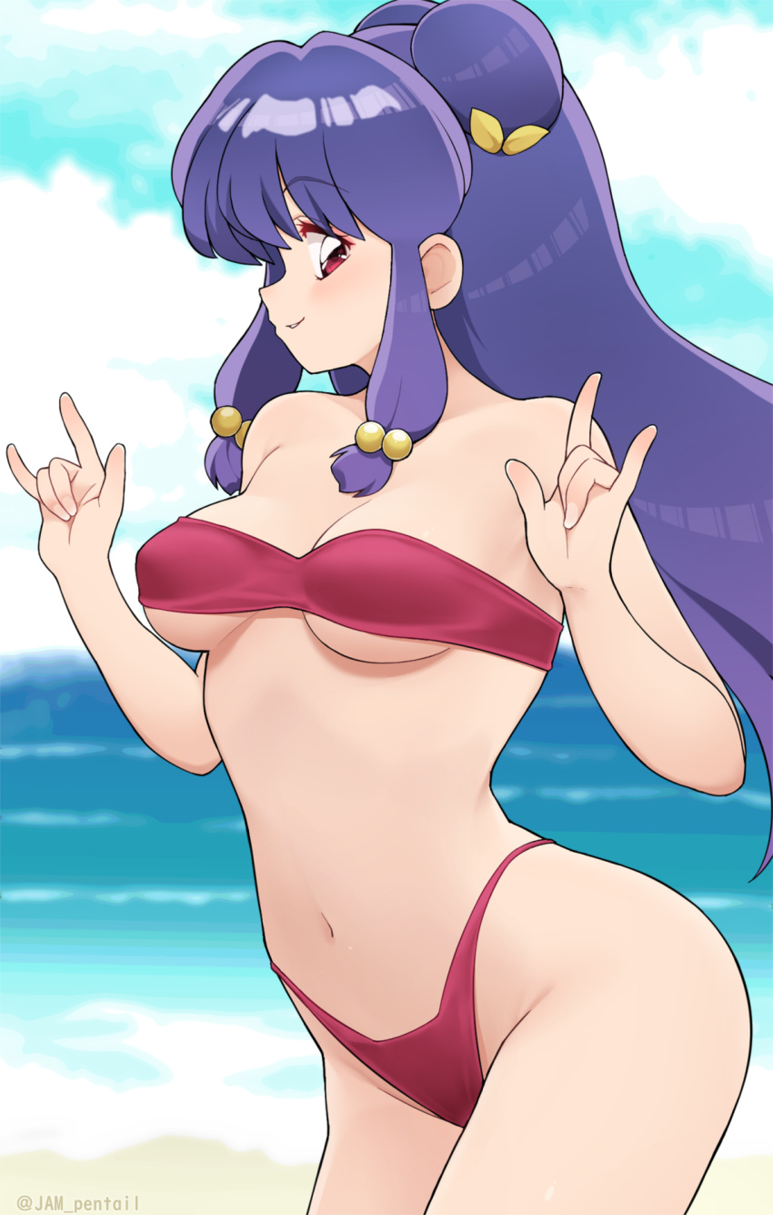 1girl \m/ beach bikini breasts cowboy_shot day double_\m/ double_bun hair_bun highleg highleg_bikini highres jampen long_hair medium_breasts navel outdoors ranma_1/2 red_bikini shampoo_(ranma_1/2) solo strapless strapless_bikini swimsuit underboob water