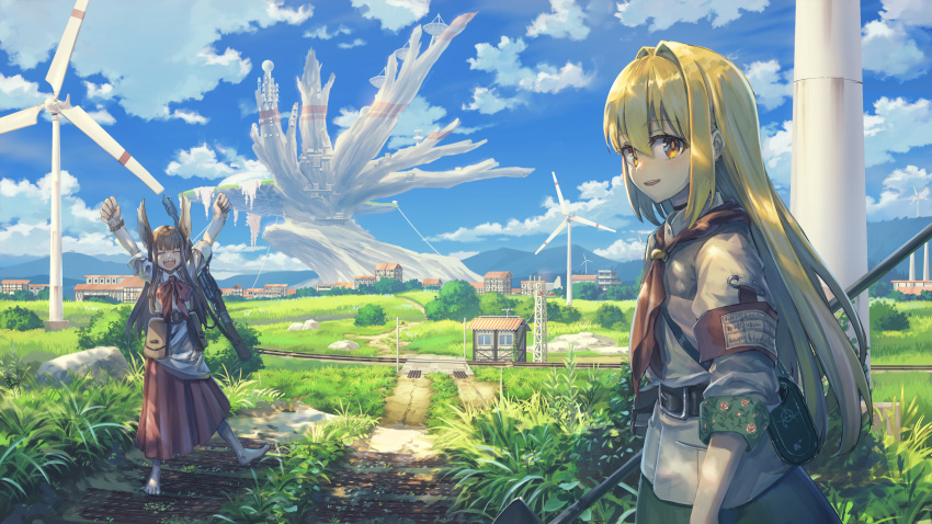 2girls absurdres animal_ears armband arms_up barefoot belt belt_pouch blonde_hair blue_sky blunt_bangs bow bowtie bracelet brown_eyes brown_hair building bush choker clenched_hands cliff closed_eyes commentary_request day facing_another floral_print grass green_skirt gun gun_on_back happy highres house jewelry long_hair looking_to_the_side mountainous_horizon multiple_girls nature neckerchief original outdoors pouch rabbit_ears rabbit_girl railroad_tracks red_bow red_bowtie red_neckerchief red_skirt rifle road rock rural safety_pin satellite_dish scenery science_fiction shirt sideways_glance skirt sky sleeves_rolled_up smile stairs standing standing_on_one_leg suzuke untucked_shirt utility_pole weapon weapon_on_back white_shirt wind_turbine