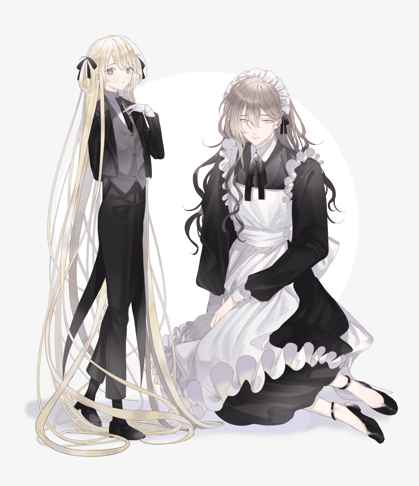 1boy 1girl absurdly_long_hair absurdres age_difference anklet apron bishounen black_dress black_footwear black_necktie black_pants black_ribbon blonde_hair butler collared_shirt crossdressing dress female_butler formal full_body gloves grey_eyes grey_hair hair_between_eyes hair_ribbon hair_rings highres jacket jewelry light_smile long_hair looking_at_viewer maid maid_apron maid_headdress msa_(fary_white) neck_ribbon necktie original pants parted_lips ribbon shirt sitting slit_pupils standing suit very_long_hair wavy_hair white_apron white_gloves